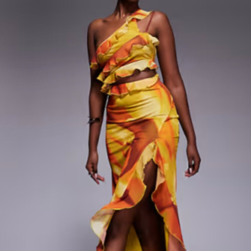 ASOS DESIGN one-shoulder ruffle detail maxi dress in orange and yellow abstract